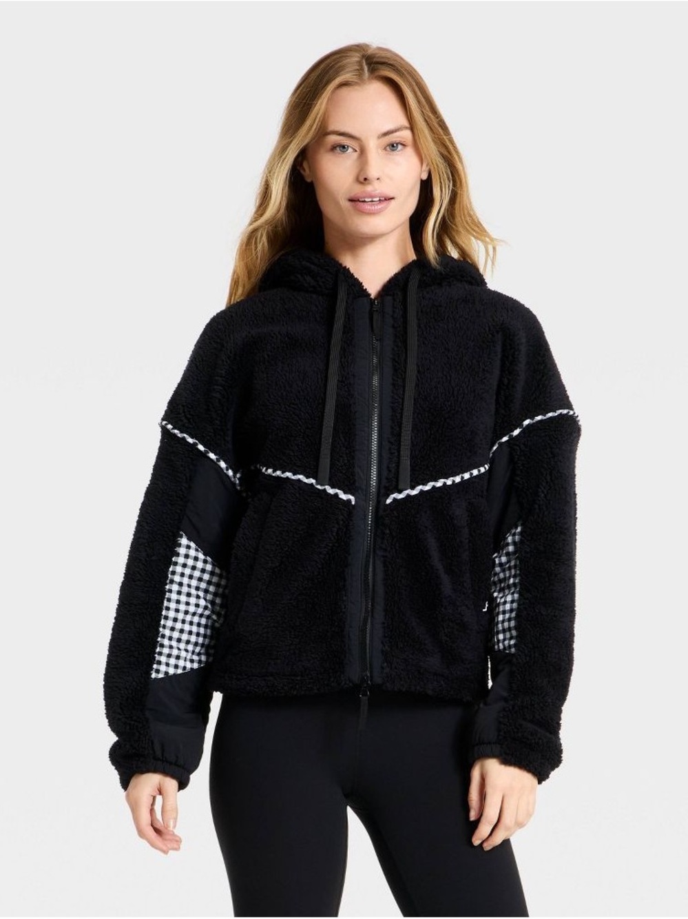 JoyLab High-Pile Sherpa Fleece Lodge Jacket, Black / White Gingham, Sz Small